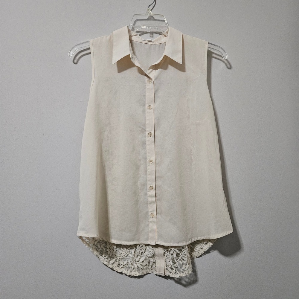 Edge Cream Sleeveless Button Down Blouse Floral Lace Back High Low Top Large
